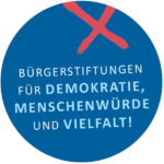 Rundes Symbol mit Text: Bürgerstiftungen für Demokratie, Menschenwürde und Vielfalt