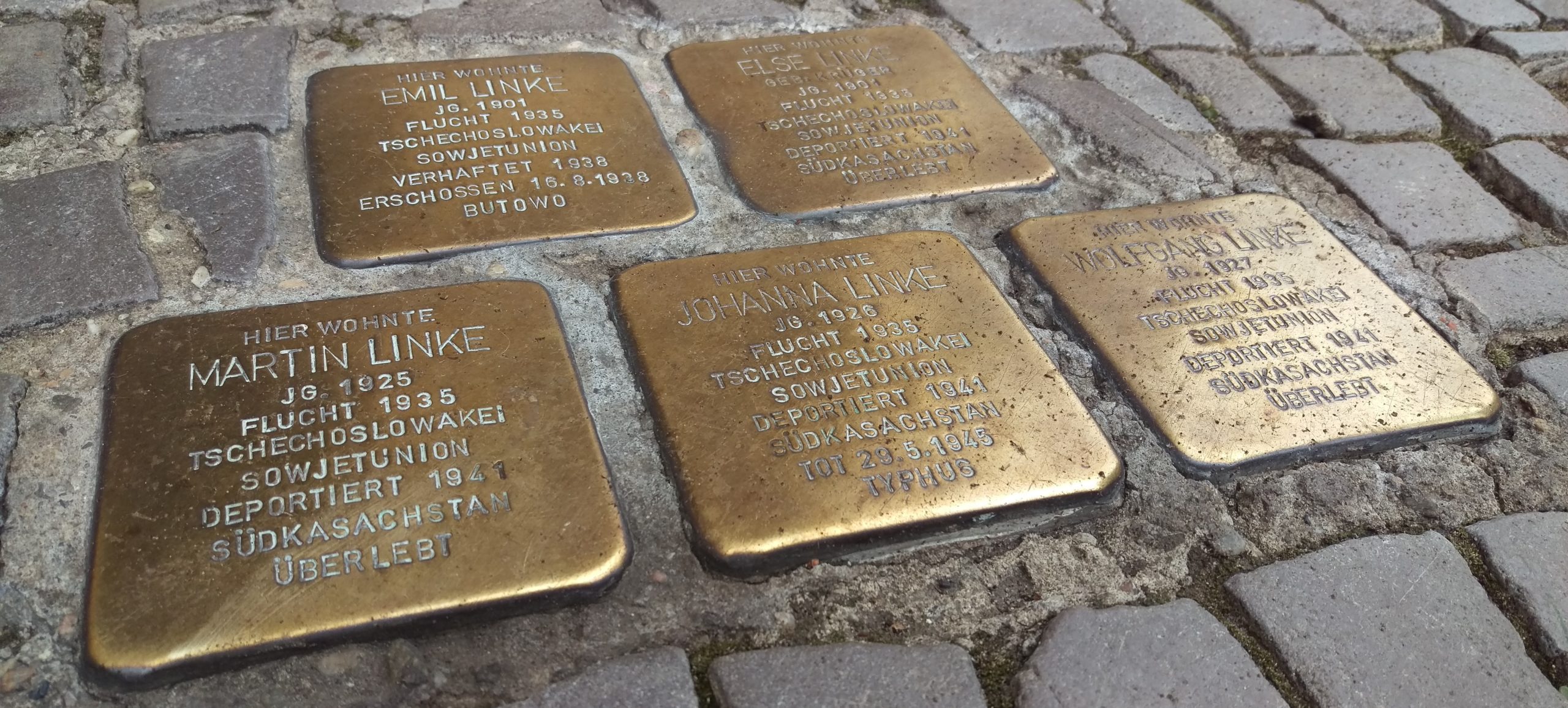 5 Stolpersteine, 2 in der oberen Reihe, 3 darunter