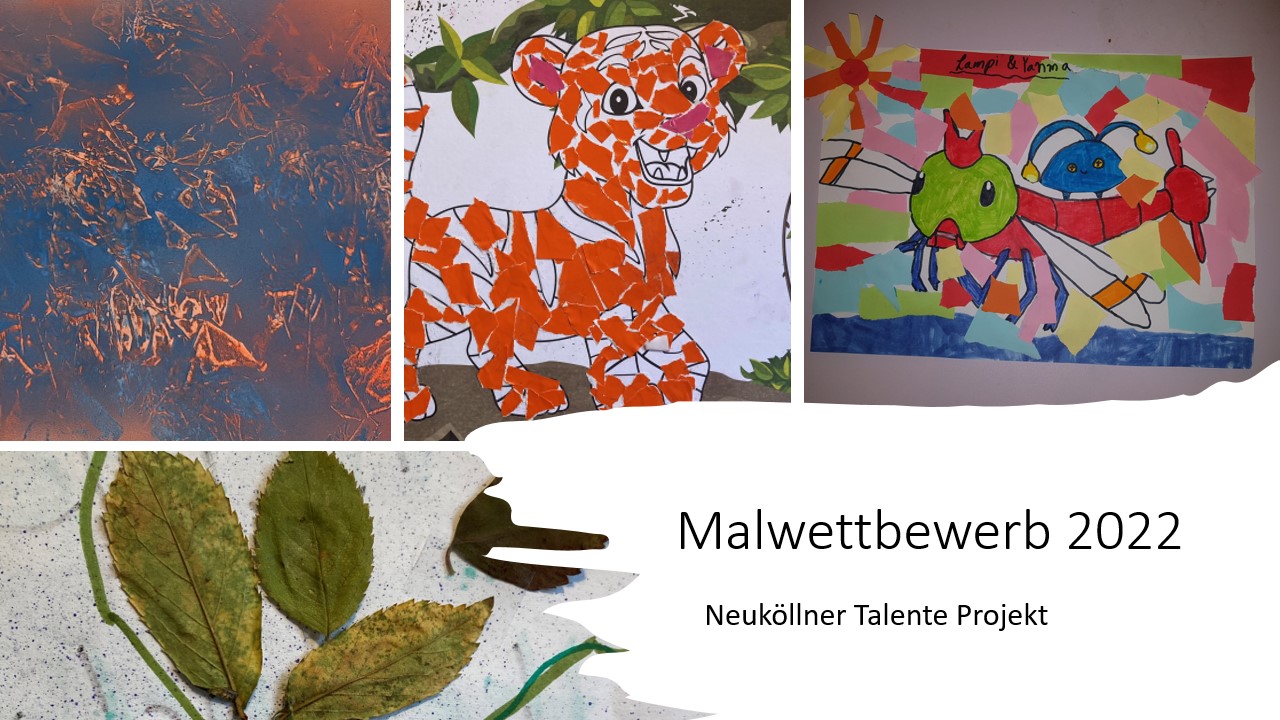 Eine Collage zum Malwettbewerb von 3 Wettbewerbsbildern nebneinander und einem links unten