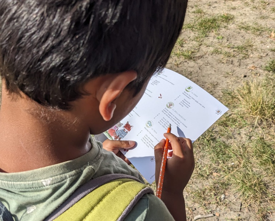 Kind von hinten mit Bleistift in der Hand über ein Buch mit Fragen gebeugt.