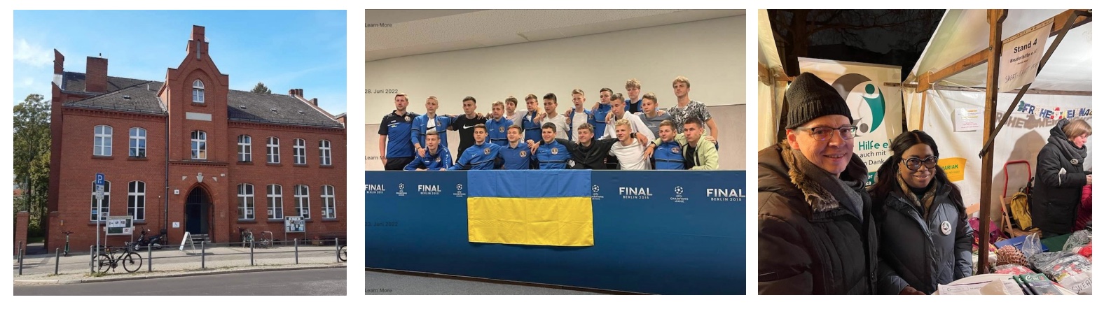 Drei Bilder, von links nach rechts: ein Gebäude aus Backstein, ein Fußballmannschaft hinter der ukrainischen Flagge, Menschen an einem Straßenstand