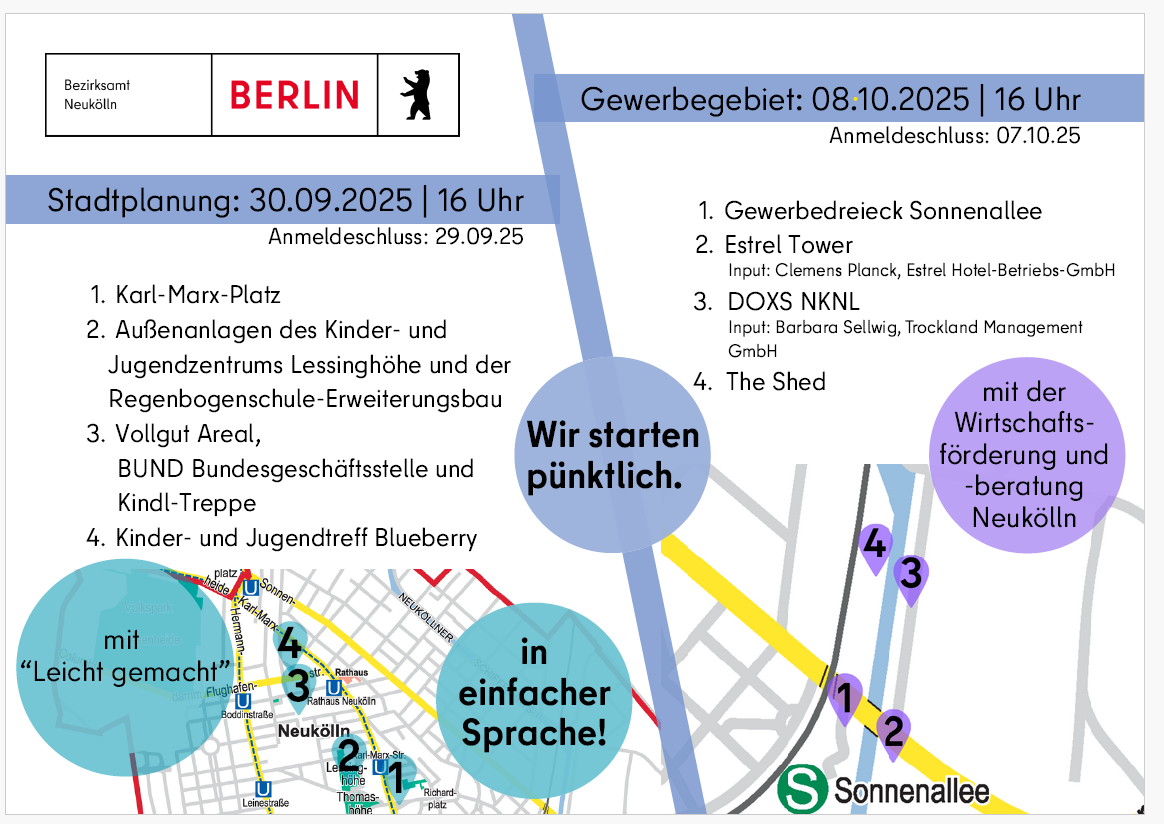 Screenshot eines Flyers mit der Einladung zum Kiezspaziergang mit Hinweisen auf die Projektmitwirkung von "Leicht gemacht" und auf die Nutzung von einfacher Sprache.