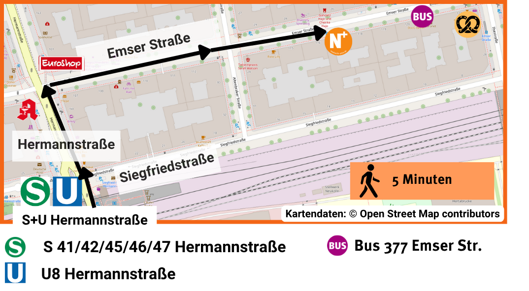 Die Karte zeigt eine Wegbeschreibung von der Hermannstraße in Neukölln zu einem Ziel an der Emser Straße. Der Weg ist zu Fuß in etwa 5 Minuten erreichbar. Die verschiedenen Verkehrsanbindungen sind auf der Karte eingezeichnet, darunter die S- und U-Bahn-Station Hermannstraße sowie Buslinien, einschließlich der Linie 377. Wichtige Orientierungspunkte wie der Euroshop und der nahegelegene S-Bahnhof sind ebenfalls hervorgehoben. Zusätzlich sind Details zur Kartennutzung und die Quellen der Kartendaten angegeben.