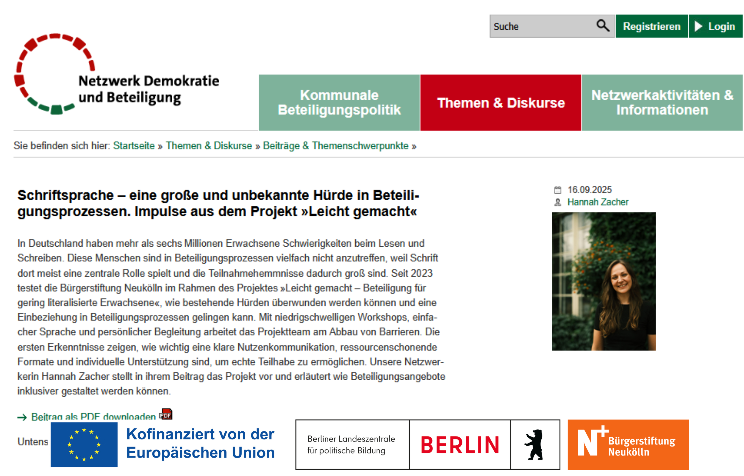 Screenshot einer Webseite auf der der Artikel einsehbar ist.