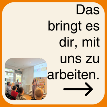 "Das bringt es dir, mit uns zu arbeiten." Daneben ein Foto von einer Präsentations-Situation