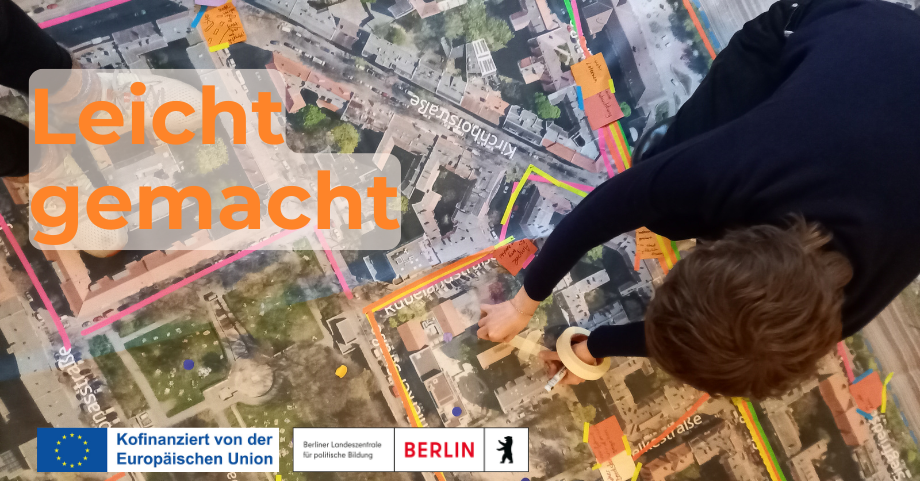 Zwei Personen stehen über einem großen Stadtplan und darüber ist das Wort "Leicht gemacht" gelegt. Außerdem die Logos zum Hinweis auf die Kofinanzierung durch die Europäische Union und die Landeszentrale für politische Bildung