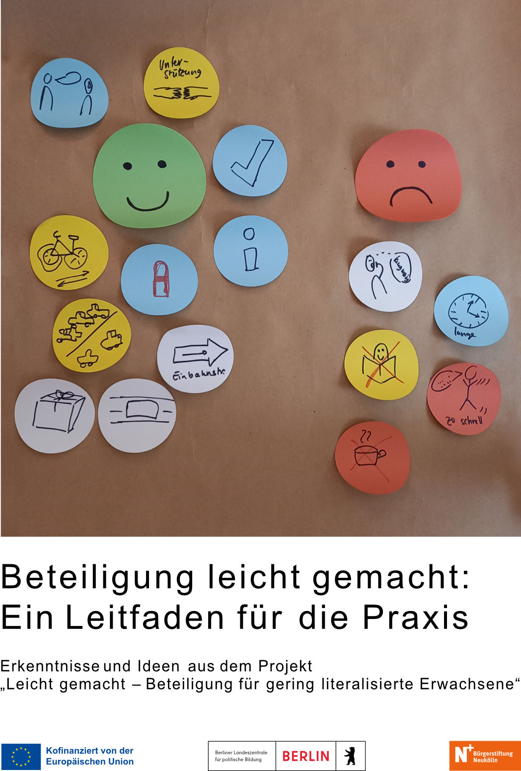 Handreichung Beteiligung Frontseite einer Handreichung, positiver Smiley und negativer Smiley mit kleinen Zeichnungen. Darunter der Titel "Beteiligung leicht gemacht: ein Leitfaden für die Praxis". Hinweis auf Förderung durch EU und Logo der Bürgerstiftung Neukölln.